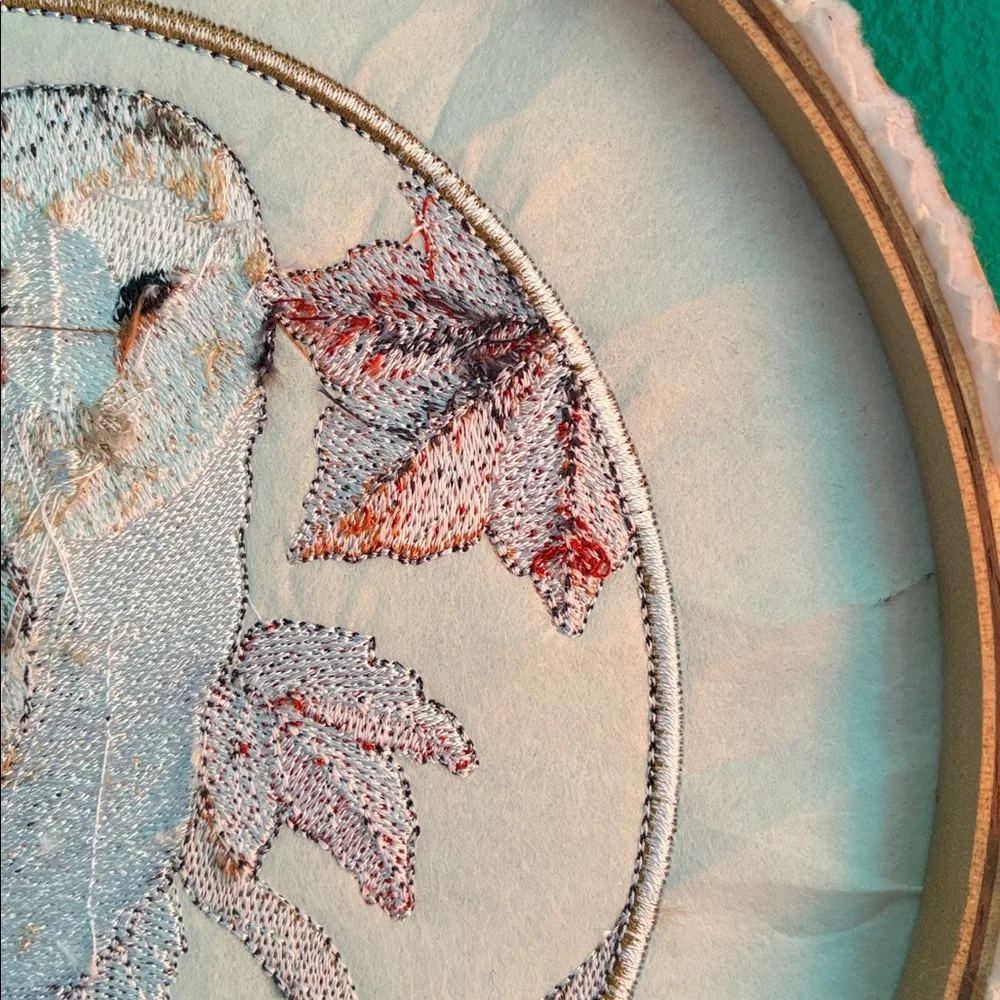 Wooden Round hoop with embroidered barn owl fall leaves wall decor autumn 8.5
